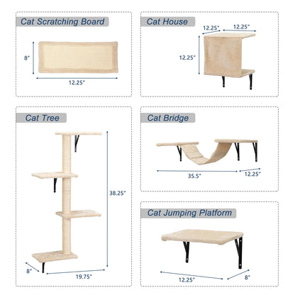 Cat Wall Shelves and Perches Set of 5, Sleeping Playing Lounging Climbing Cat Tree House for Multiple Cats, Beige